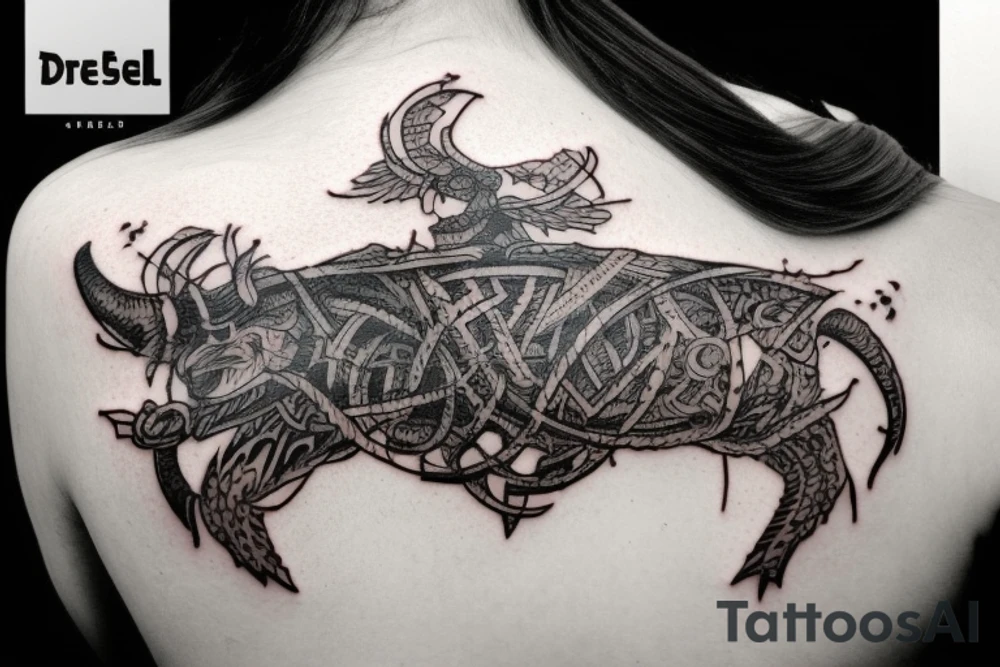 Erstelle ein Tattoo mit einem detaillierten, stilisierten Vikingerschiff im Zentrum der Vorlage. Das Schiff sollte geschwungene Linien und Drachenköpfe am Bug haben und von Wellen umgeben sein, um eine dynamische Wirkung zu erzielen. Über dem Schiff sollte das Aegishjalmur-Symbol schweben, ein kreisförmiges Symbol mit verzweigten Linien und Runen, das einen starken, schützenden Eindruck vermittelt.

Darüber sollte der Mjölnir, der Hammer des nordischen Gottes Thor, kraftvoll und detailliert dargestellt werden, mit gravierten Runen oder Knotenmustern, um ihm zusätzliche Bedeutung zu verleihen. Unterhalb des Vikingerschiffs und der Aegishjalmur-Symbolik sollte der Vegvisir platziert werden, ein altes nordisches Kompasssymbol, das rund sein sollte und verschiedene ineinander verschachtelte Symbole und Runen enthalten kann, um eine Art Führung und Orientierung zu repräsentieren.

An den Seiten des Tattoos können stilisierte Zweige des Yggdrasil-Baums verlaufen, der die neun Welten der nordischen Mythologie verbindet. Die Zweige können miteinander verwoben sein und zusätzliche Elemente wie Raben oder andere Tiere enthalten. Schließlich sollte das Wort "Wyrd" in stilisierter nordischer Schrift unterhalb des Tattoos platziert werden, um das Schicksal oder den Verlauf des Lebens zu symbolisieren und den Glauben an das Schicksal in der nordischen Mythologie zu repräsentieren. tattoo idea