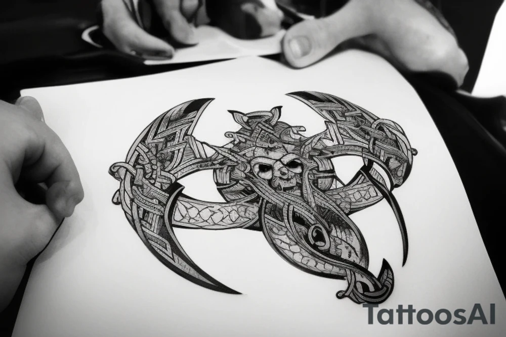 Erstelle ein Tattoo mit einem detaillierten, stilisierten Vikingerschiff im Zentrum der Vorlage. Das Schiff sollte geschwungene Linien und Drachenköpfe am Bug haben und von Wellen umgeben sein, um eine dynamische Wirkung zu erzielen. Über dem Schiff sollte das Aegishjalmur-Symbol schweben, ein kreisförmiges Symbol mit verzweigten Linien und Runen, das einen starken, schützenden Eindruck vermittelt.

Darüber sollte der Mjölnir, der Hammer des nordischen Gottes Thor, kraftvoll und detailliert dargestellt werden, mit gravierten Runen oder Knotenmustern, um ihm zusätzliche Bedeutung zu verleihen. Unterhalb des Vikingerschiffs und der Aegishjalmur-Symbolik sollte der Vegvisir platziert werden, ein altes nordisches Kompasssymbol, das rund sein sollte und verschiedene ineinander verschachtelte Symbole und Runen enthalten kann, um eine Art Führung und Orientierung zu repräsentieren.

An den Seiten des Tattoos können stilisierte Zweige des Yggdrasil-Baums verlaufen, der die neun Welten der nordischen Mythologie verbindet. Die Zweige können miteinander verwoben sein und zusätzliche Elemente wie Raben oder andere Tiere enthalten. Schließlich sollte das Wort "Wyrd" in stilisierter nordischer Schrift unterhalb des Tattoos platziert werden, um das Schicksal oder den Verlauf des Lebens zu symbolisieren und den Glauben an das Schicksal in der nordischen Mythologie zu repräsentieren. tattoo idea