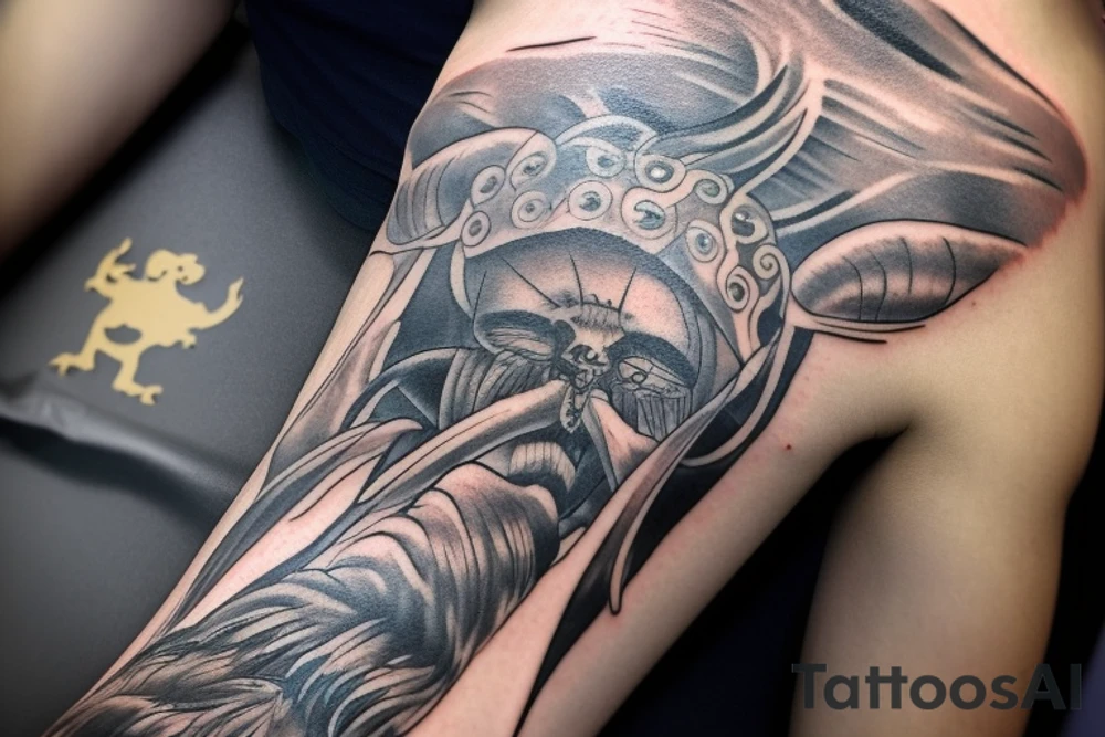 Erstelle ein Tattoo mit einem detaillierten, stilisierten Vikingerschiff im Zentrum der Vorlage. Das Schiff sollte geschwungene Linien und Drachenköpfe am Bug haben und von Wellen umgeben sein, um eine dynamische Wirkung zu erzielen. Über dem Schiff sollte das Aegishjalmur-Symbol schweben, ein kreisförmiges Symbol mit verzweigten Linien und Runen, das einen starken, schützenden Eindruck vermittelt.

Darüber sollte der Mjölnir, der Hammer des nordischen Gottes Thor, kraftvoll und detailliert dargestellt werden, mit gravierten Runen oder Knotenmustern, um ihm zusätzliche Bedeutung zu verleihen. Unterhalb des Vikingerschiffs und der Aegishjalmur-Symbolik sollte der Vegvisir platziert werden, ein altes nordisches Kompasssymbol, das rund sein sollte und verschiedene ineinander verschachtelte Symbole und Runen enthalten kann, um eine Art Führung und Orientierung zu repräsentieren.

An den Seiten des Tattoos können stilisierte Zweige des Yggdrasil-Baums verlaufen, der die neun Welten der nordischen Mythologie verbindet. Die Zweige können miteinander verwoben sein und zusätzliche Elemente wie Raben oder andere Tiere enthalten. Schließlich sollte das Wort "Wyrd" in stilisierter nordischer Schrift unterhalb des Tattoos platziert werden, um das Schicksal oder den Verlauf des Lebens zu symbolisieren und den Glauben an das Schicksal in der nordischen Mythologie zu repräsentieren. tattoo idea