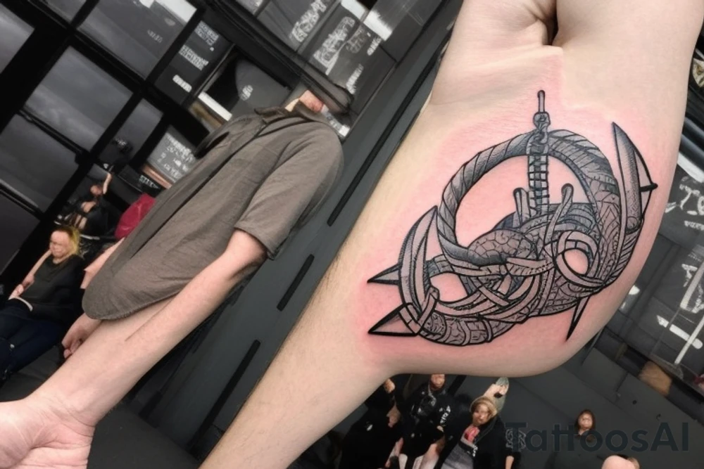 Erstelle ein Tattoo mit einem detaillierten, stilisierten Vikingerschiff im Zentrum der Vorlage. Das Schiff sollte geschwungene Linien und Drachenköpfe am Bug haben und von Wellen umgeben sein, um eine dynamische Wirkung zu erzielen. Über dem Schiff sollte das Aegishjalmur-Symbol schweben, ein kreisförmiges Symbol mit verzweigten Linien und Runen, das einen starken, schützenden Eindruck vermittelt.

Darüber sollte der Mjölnir, der Hammer des nordischen Gottes Thor, kraftvoll und detailliert dargestellt werden, mit gravierten Runen oder Knotenmustern, um ihm zusätzliche Bedeutung zu verleihen. Unterhalb des Vikingerschiffs und der Aegishjalmur-Symbolik sollte der Vegvisir platziert werden, ein altes nordisches Kompasssymbol, das rund sein sollte und verschiedene ineinander verschachtelte Symbole und Runen enthalten kann, um eine Art Führung und Orientierung zu repräsentieren.

An den Seiten des Tattoos können stilisierte Zweige des Yggdrasil-Baums verlaufen, der die neun Welten der nordischen Mythologie verbindet. Die Zweige können miteinander verwoben sein und zusätzliche Elemente wie Raben oder andere Tiere enthalten. Schließlich sollte das Wort "Wyrd" in stilisierter nordischer Schrift unterhalb des Tattoos platziert werden, um das Schicksal oder den Verlauf des Lebens zu symbolisieren und den Glauben an das Schicksal in der nordischen Mythologie zu repräsentieren. tattoo idea