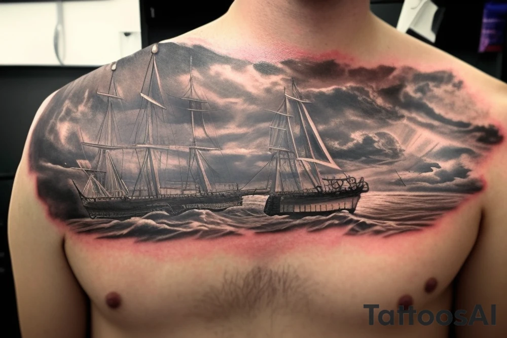 Erstelle ein Tattoo mit einem detaillierten, stilisierten Vikingerschiff im Zentrum der Vorlage. Das Schiff sollte geschwungene Linien und Drachenköpfe am Bug haben und von Wellen umgeben sein, um eine dynamische Wirkung zu erzielen. Über dem Schiff sollte das Aegishjalmur-Symbol schweben, ein kreisförmiges Symbol mit verzweigten Linien und Runen, das einen starken, schützenden Eindruck vermittelt.

Darüber sollte der Mjölnir, der Hammer des nordischen Gottes Thor, kraftvoll und detailliert dargestellt werden, mit gravierten Runen oder Knotenmustern, um ihm zusätzliche Bedeutung zu verleihen. Unterhalb des Vikingerschiffs und der Aegishjalmur-Symbolik sollte der Vegvisir platziert werden, ein altes nordisches Kompasssymbol, das rund sein sollte und verschiedene ineinander verschachtelte Symbole und Runen enthalten kann, um eine Art Führung und Orientierung zu repräsentieren. tattoo idea
