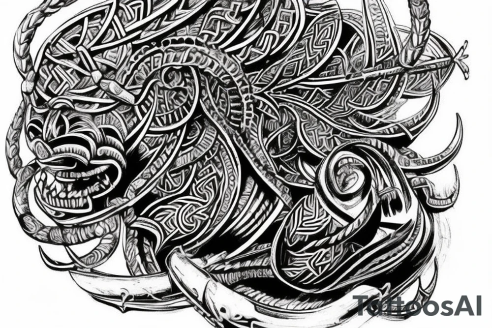 Erstelle ein Tattoo mit einem detaillierten, stilisierten Vikingerschiff im Zentrum der Vorlage. Das Schiff sollte geschwungene Linien und Drachenköpfe am Bug haben und von Wellen umgeben sein, um eine dynamische Wirkung zu erzielen. Über dem Schiff sollte das Aegishjalmur-Symbol schweben, ein kreisförmiges Symbol mit verzweigten Linien und Runen, das einen starken, schützenden Eindruck vermittelt.

Darüber sollte der Mjölnir, der Hammer des nordischen Gottes Thor, kraftvoll und detailliert dargestellt werden, mit gravierten Runen oder Knotenmustern, um ihm zusätzliche Bedeutung zu verleihen. Unterhalb des Vikingerschiffs und der Aegishjalmur-Symbolik sollte der Vegvisir platziert werden, ein altes nordisches Kompasssymbol, das rund sein sollte und verschiedene ineinander verschachtelte Symbole und Runen enthalten kann, um eine Art Führung und Orientierung zu repräsentieren. tattoo idea