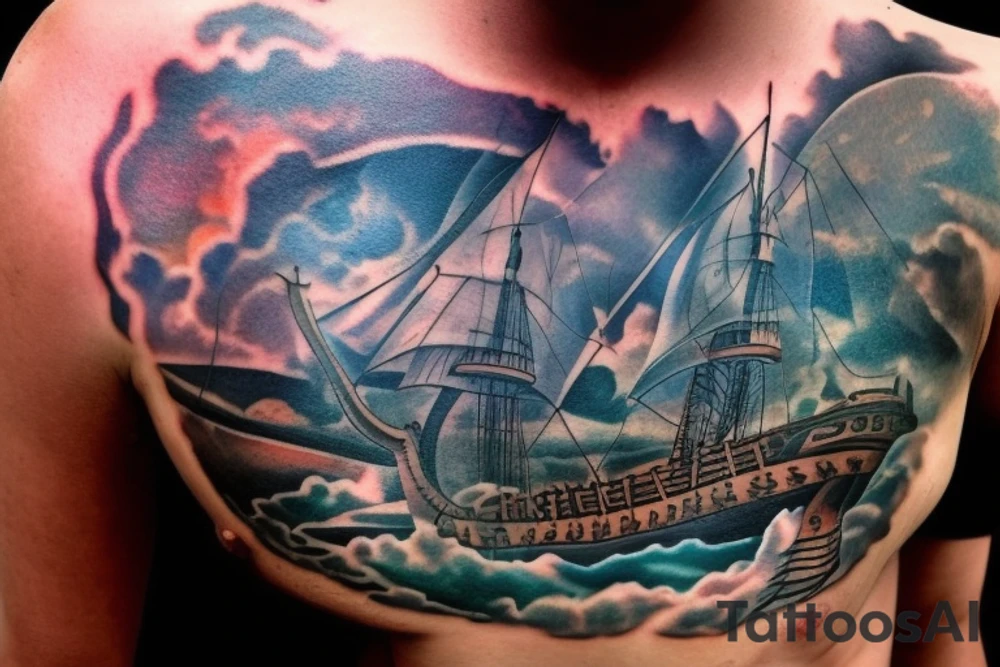 Erstelle ein Tattoo mit einem detaillierten, stilisierten Vikingerschiff im Zentrum der Vorlage. Das Schiff sollte geschwungene Linien und Drachenköpfe am Bug haben und von Wellen umgeben sein, um eine dynamische Wirkung zu erzielen. Über dem Schiff sollte das Aegishjalmur-Symbol schweben, ein kreisförmiges Symbol mit verzweigten Linien und Runen, das einen starken, schützenden Eindruck vermittelt.

Darüber sollte der Mjölnir, der Hammer des nordischen Gottes Thor, kraftvoll und detailliert dargestellt werden, mit gravierten Runen oder Knotenmustern, um ihm zusätzliche Bedeutung zu verleihen. Unterhalb des Vikingerschiffs und der Aegishjalmur-Symbolik sollte der Vegvisir platziert werden, ein altes nordisches Kompasssymbol, das rund sein sollte und verschiedene ineinander verschachtelte Symbole und Runen enthalten kann, um eine Art Führung und Orientierung zu repräsentieren. tattoo idea