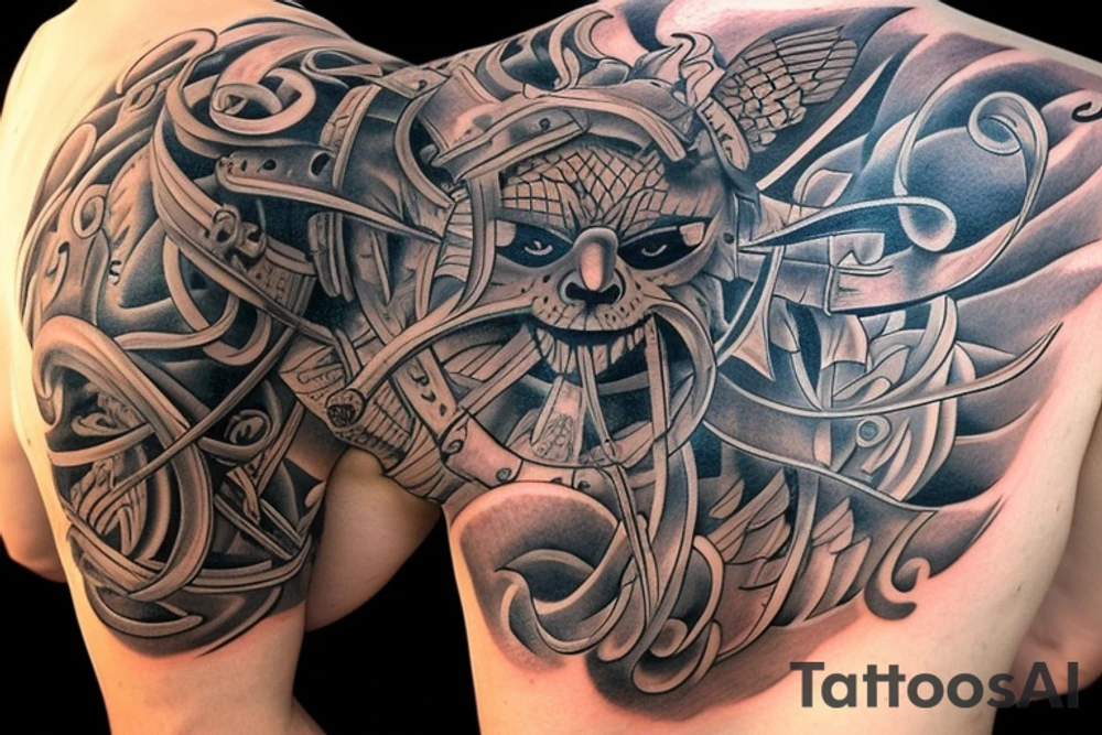 Erstelle ein Tattoo mit einem detaillierten, stilisierten Vikingerschiff im Zentrum der Vorlage. Das Schiff sollte geschwungene Linien und Drachenköpfe am Bug haben und von Wellen umgeben sein, um eine dynamische Wirkung zu erzielen. Über dem Schiff sollte das Aegishjalmur-Symbol schweben, ein kreisförmiges Symbol mit verzweigten Linien und Runen, das einen starken, schützenden Eindruck vermittelt.

Darüber sollte der Mjölnir, der Hammer des nordischen Gottes Thor, kraftvoll und detailliert dargestellt werden, mit gravierten Runen oder Knotenmustern, um ihm zusätzliche Bedeutung zu verleihen. Unterhalb des Vikingerschiffs und der Aegishjalmur-Symbolik sollte der Vegvisir platziert werden, ein altes nordisches Kompasssymbol, das rund sein sollte und verschiedene ineinander verschachtelte Symbole und Runen enthalten kann, um eine Art Führung und Orientierung zu repräsentieren. tattoo idea