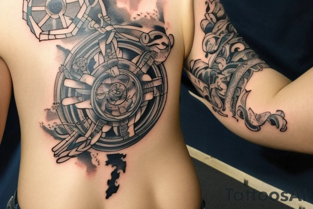 Erstelle ein Tattoo mit einem detaillierten, stilisierten Vikingerschiff im Zentrum der Vorlage. Das Schiff sollte geschwungene Linien und Drachenköpfe am Bug haben und von Wellen umgeben sein, um eine dynamische Wirkung zu erzielen. Über dem Schiff sollte das Aegishjalmur-Symbol schweben, ein kreisförmiges Symbol mit verzweigten Linien und Runen, das einen starken, schützenden Eindruck vermittelt. tattoo idea