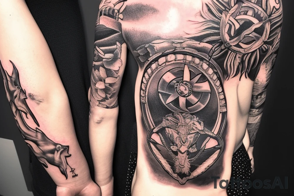 Erstelle ein Tattoo mit einem detaillierten, stilisierten Vikingerschiff im Zentrum der Vorlage. Das Schiff sollte geschwungene Linien und Drachenköpfe am Bug haben und von Wellen umgeben sein, um eine dynamische Wirkung zu erzielen. Über dem Schiff sollte das Aegishjalmur-Symbol schweben, ein kreisförmiges Symbol mit verzweigten Linien und Runen, das einen starken, schützenden Eindruck vermittelt. tattoo idea