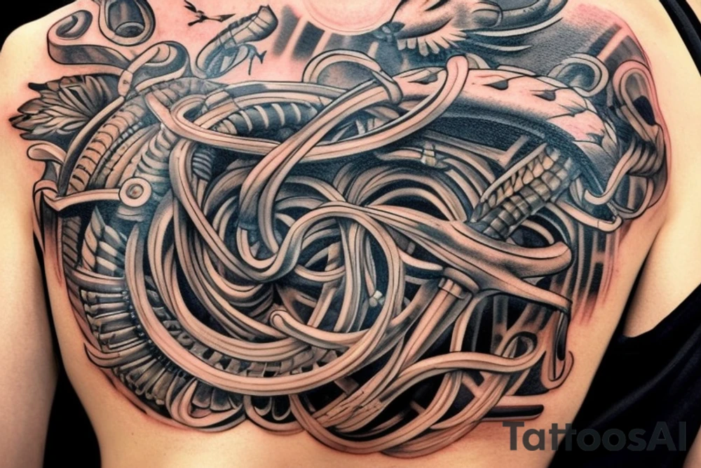 Erstelle ein Tattoo mit einem detaillierten, stilisierten Vikingerschiff im Zentrum der Vorlage. Das Schiff sollte geschwungene Linien und Drachenköpfe am Bug haben und von Wellen umgeben sein, um eine dynamische Wirkung zu erzielen. Über dem Schiff sollte das Aegishjalmur-Symbol schweben, ein kreisförmiges Symbol mit verzweigten Linien und Runen, das einen starken, schützenden Eindruck vermittelt. tattoo idea