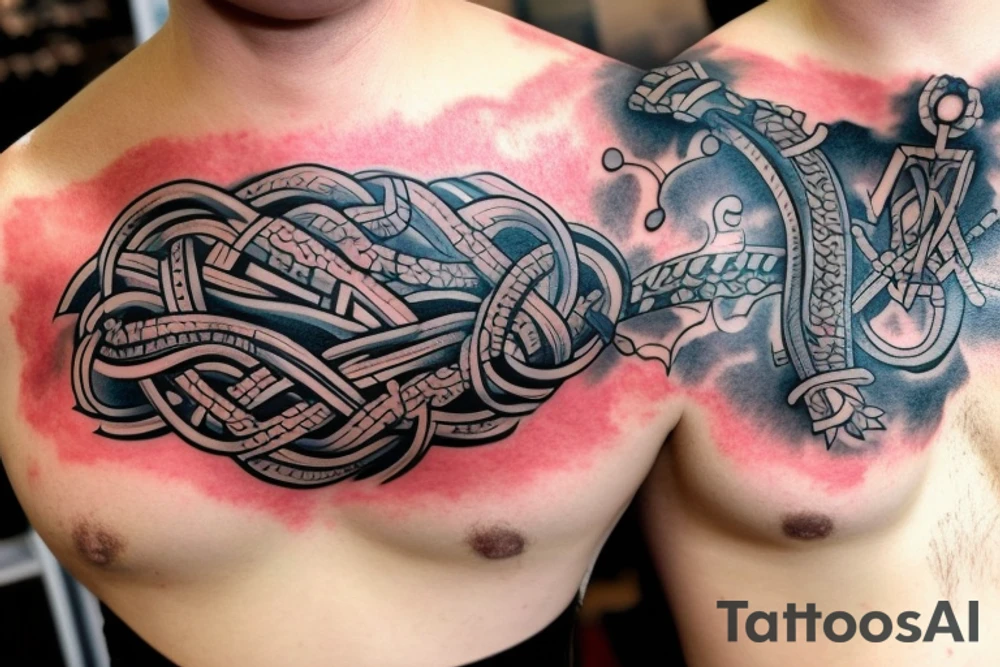 Erstelle ein Tattoo mit einem detaillierten, stilisierten Vikingerschiff im Zentrum der Vorlage. Das Schiff sollte geschwungene Linien und Drachenköpfe am Bug haben und von Wellen umgeben sein, um eine dynamische Wirkung zu erzielen. Über dem Schiff sollte das Aegishjalmur-Symbol schweben, ein kreisförmiges Symbol mit verzweigten Linien und Runen, das einen starken, schützenden Eindruck vermittelt. tattoo idea