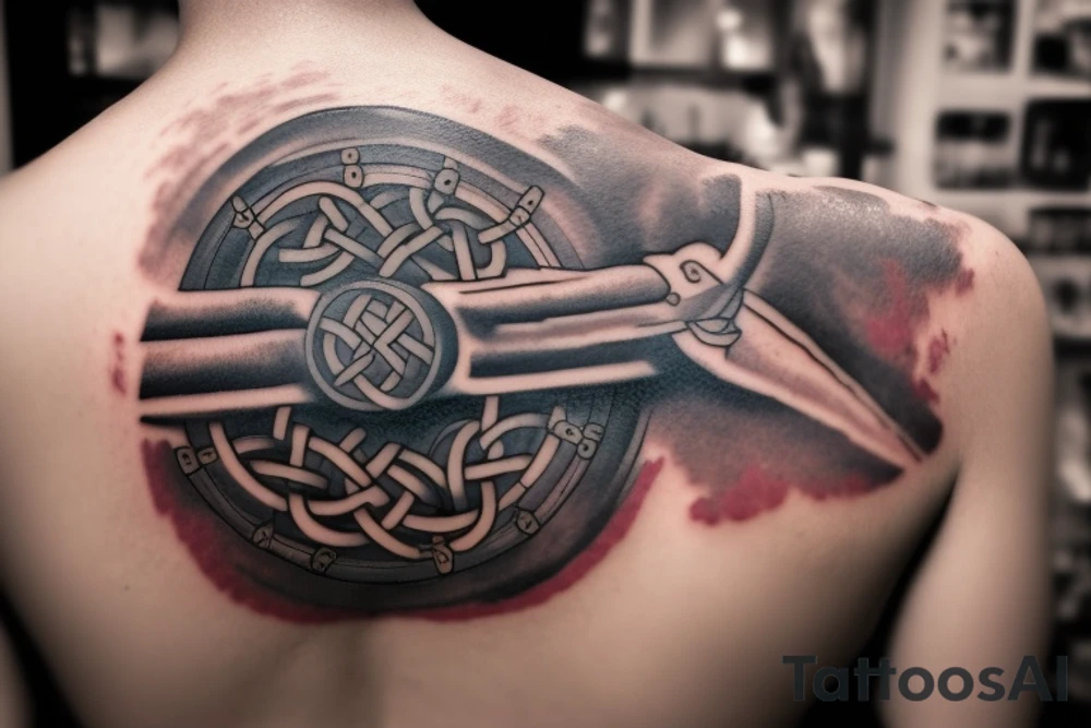 Erstelle ein Tattoo mit einem detaillierten, stilisierten Vikingerschiff im Zentrum der Vorlage. Das Schiff sollte geschwungene Linien und Drachenköpfe am Bug haben und von Wellen umgeben sein, um eine dynamische Wirkung zu erzielen. Über dem Schiff sollte das Aegishjalmur-Symbol schweben, ein kreisförmiges Symbol mit verzweigten Linien und Runen, das einen starken, schützenden Eindruck vermittelt. tattoo idea