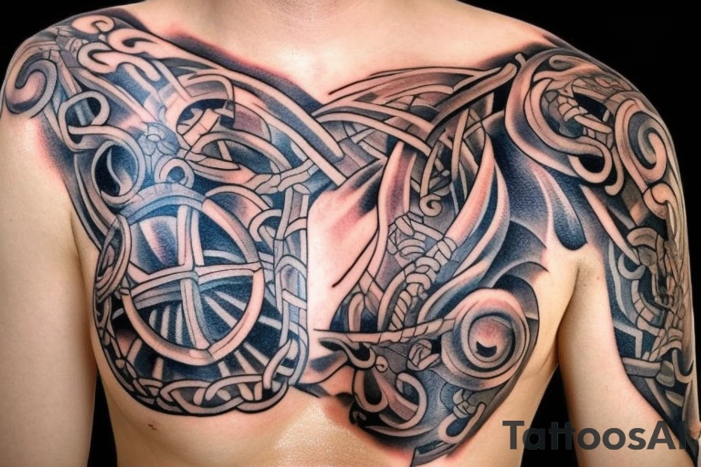 Erstelle ein Tattoo mit einem detaillierten, stilisierten Vikingerschiff im Zentrum der Vorlage. Das Schiff sollte geschwungene Linien und Drachenköpfe am Bug haben und von Wellen umgeben sein, um eine dynamische Wirkung zu erzielen. tattoo idea