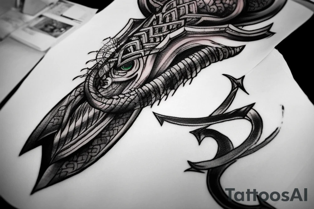 Erstelle ein Tattoo mit einem detaillierten, stilisierten Vikingerschiff im Zentrum der Vorlage. Das Schiff sollte geschwungene Linien und Drachenköpfe am Bug haben und von Wellen umgeben sein, um eine dynamische Wirkung zu erzielen. tattoo idea
