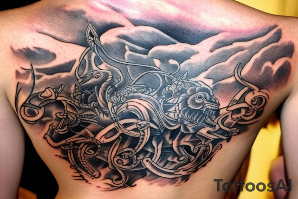 Erstelle ein Tattoo mit einem detaillierten, stilisierten Vikingerschiff im Zentrum der Vorlage. Das Schiff sollte geschwungene Linien und Drachenköpfe am Bug haben und von Wellen umgeben sein, um eine dynamische Wirkung zu erzielen. tattoo idea