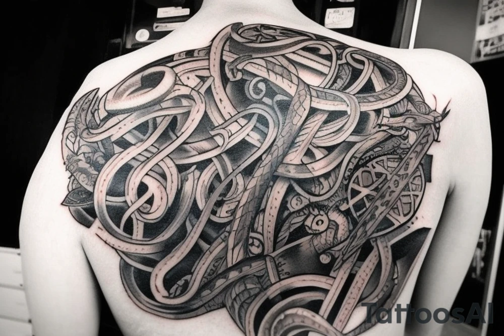 Erstelle ein Tattoo mit einem detaillierten, stilisierten Vikingerschiff im Zentrum der Vorlage. Das Schiff sollte geschwungene Linien und Drachenköpfe am Bug haben und von Wellen umgeben sein, um eine dynamische Wirkung zu erzielen. tattoo idea