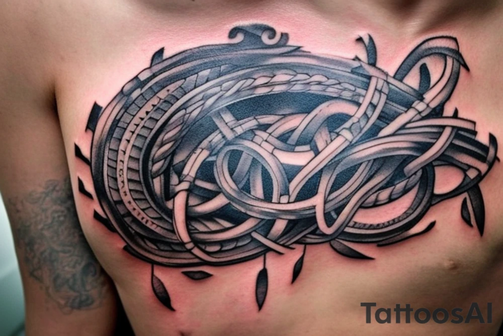 Erstelle ein Tattoo mit einem detaillierten, stilisierten Vikingerschiff im Zentrum der Vorlage. Das Schiff sollte geschwungene Linien und Drachenköpfe am Bug haben und von Wellen umgeben sein, um eine dynamische Wirkung zu erzielen. tattoo idea