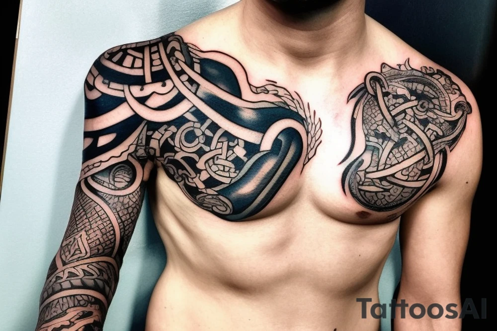 Erstelle ein Tattoo mit einem detaillierten, stilisierten Vikingerschiff im Zentrum der Vorlage. Das Schiff sollte geschwungene Linien und Drachenköpfe am Bug haben und von Wellen umgeben sein, um eine dynamische Wirkung zu erzielen. tattoo idea