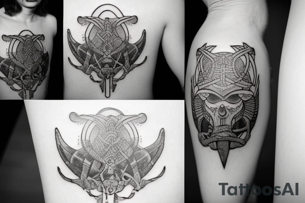 Erstelle ein Tattoo mit einem detaillierten, stilisierten Vikingerschiff im Zentrum der Vorlage. Das Schiff sollte geschwungene Linien und Drachenköpfe am Bug haben und von Wellen umgeben sein, um eine dynamische Wirkung zu erzielen. tattoo idea