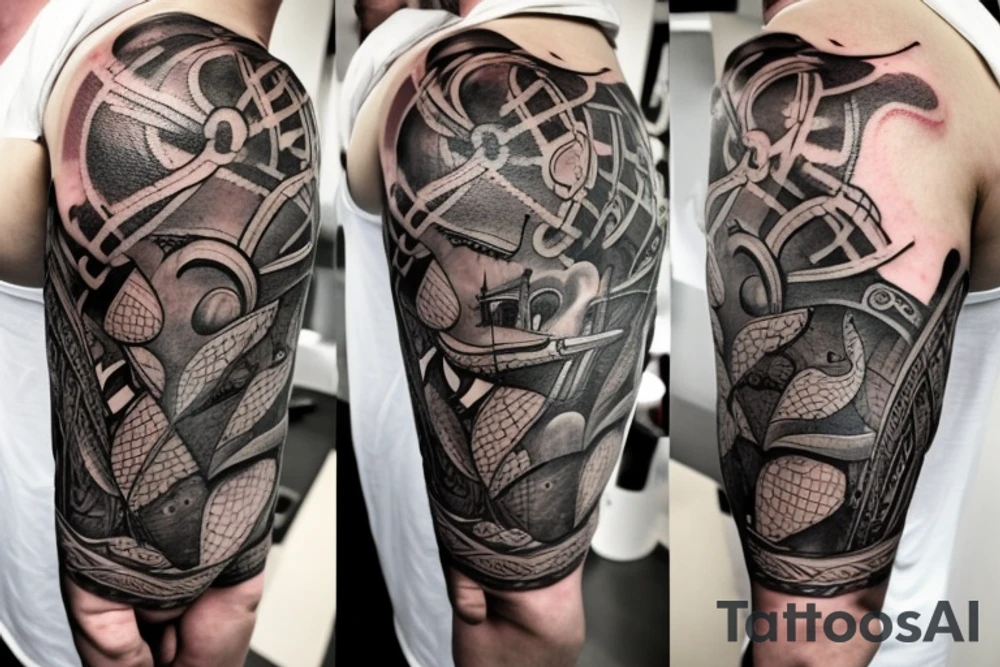 Erstelle ein Tattoo mit einem detaillierten, stilisierten Vikingerschiff im Zentrum der Vorlage. Das Schiff sollte geschwungene Linien und Drachenköpfe am Bug haben und von Wellen umgeben sein, um eine dynamische Wirkung zu erzielen. tattoo idea