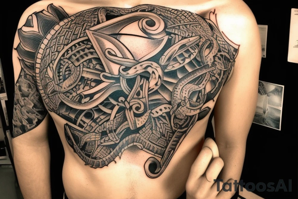 Erstelle ein Tattoo mit einem detaillierten, stilisierten Vikingerschiff im Zentrum der Vorlage. Das Schiff sollte geschwungene Linien und Drachenköpfe am Bug haben und von Wellen umgeben sein, um eine dynamische Wirkung zu erzielen. tattoo idea