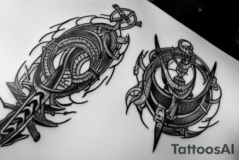 Erstelle ein Tattoo mit einem detaillierten, stilisierten Vikingerschiff im Zentrum der Vorlage. Das Schiff sollte geschwungene Linien und Drachenköpfe am Bug haben und von Wellen umgeben sein, um eine dynamische Wirkung zu erzielen. tattoo idea