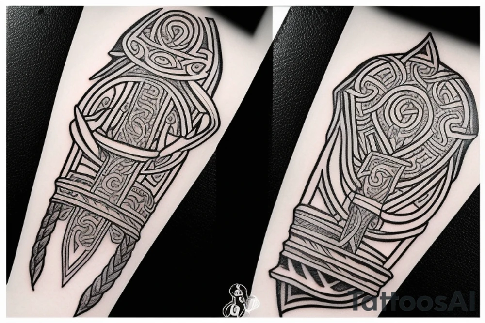Wadentattoo mit einem vikingerschiff bewacht von Odin und mjölnir tattoo idea
