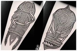 Wadentattoo mit einem vikingerschiff bewacht von Odin und mjölnir tattoo idea