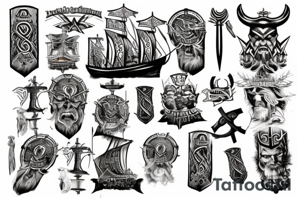 Wadentattoo mit einem vikingerschiff bewacht von Odin und mjölnir tattoo idea