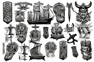 Wadentattoo mit einem vikingerschiff bewacht von Odin und mjölnir tattoo idea