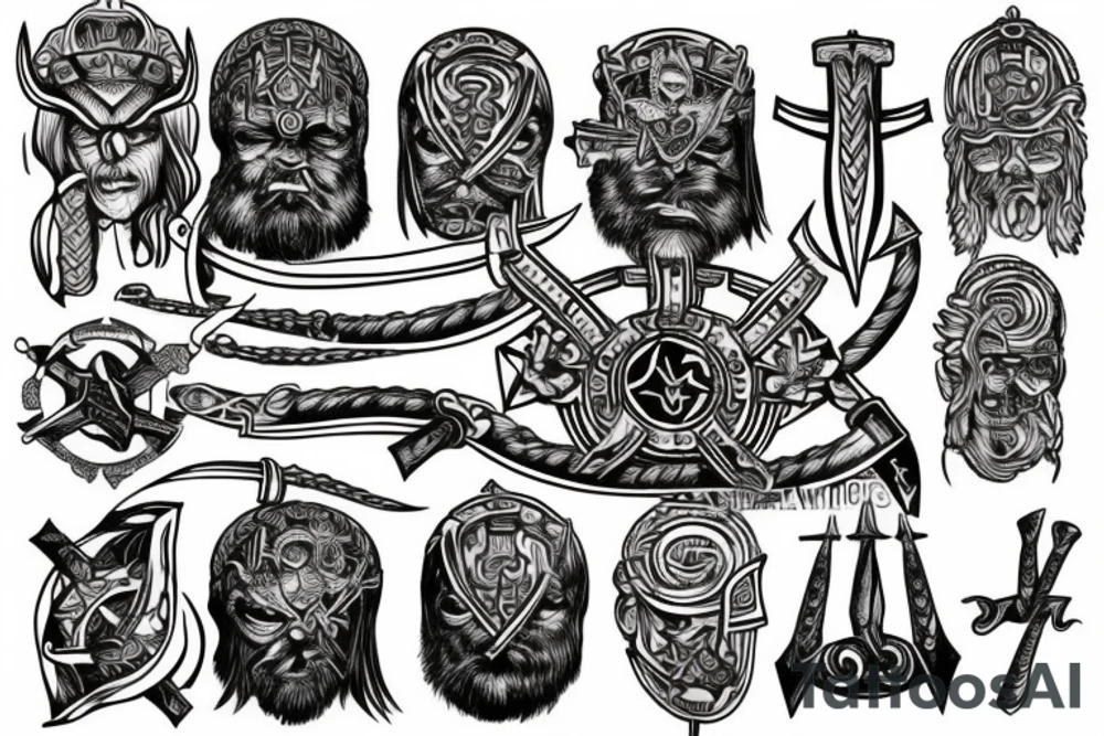 Wadentattoo mit einem vikingerschiff bewacht von Odin und mjölnir tattoo idea