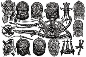 Wadentattoo mit einem vikingerschiff bewacht von Odin und mjölnir tattoo idea
