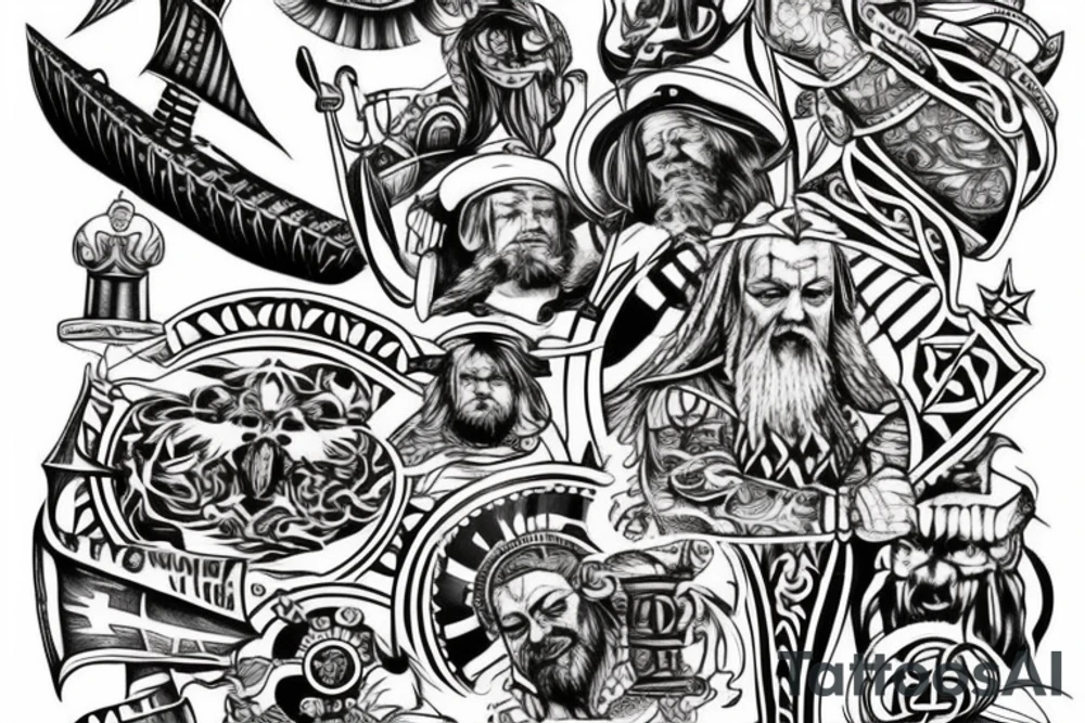 Wadentattoo mit einem vikingerschiff bewacht von Odin und mjölnir tattoo idea