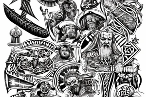 Wadentattoo mit einem vikingerschiff bewacht von Odin und mjölnir tattoo idea