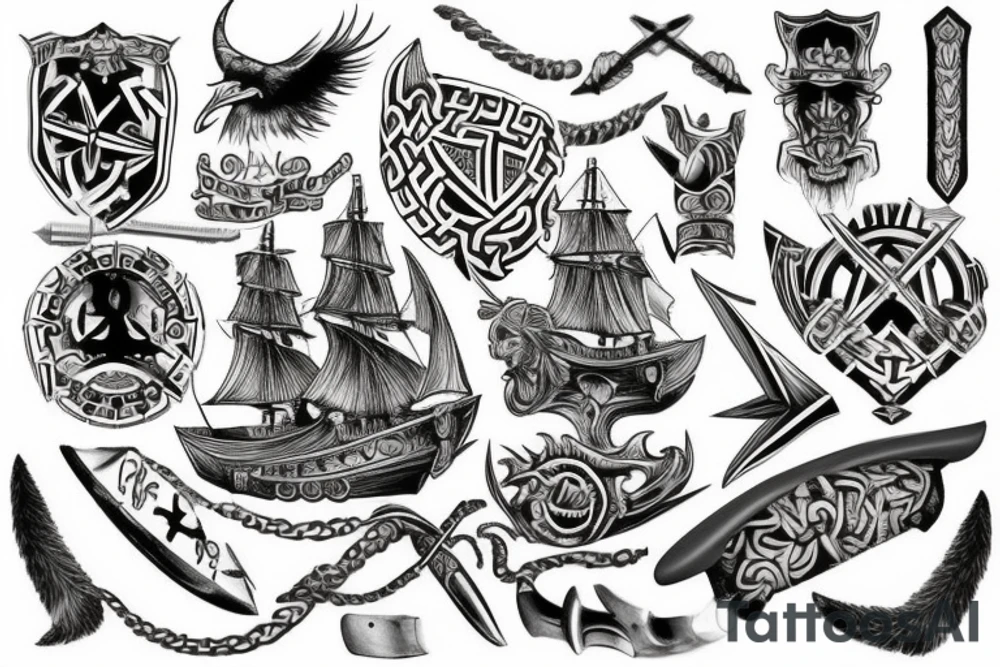 Wadentattoo mit einem vikingerschiff bewacht von Odin und mjölnir tattoo idea