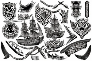 Wadentattoo mit einem vikingerschiff bewacht von Odin und mjölnir tattoo idea