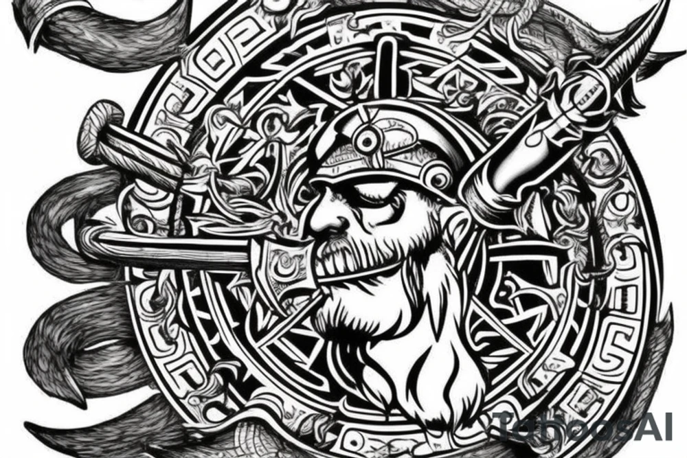 Wadentattoo mit einem vikingerschiff bewacht von Odin und mjölnir tattoo idea