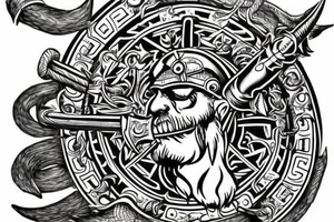 Wadentattoo mit einem vikingerschiff bewacht von Odin und mjölnir tattoo idea