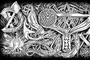 Erstelle ein noch nicht existierendes tattoo der nordischen Mythologie, darin sollen enthalten sein: Thors Hammer, gungnir, Aegishjalmur, wurd, vegvisir und yggdrasil tattoo idea