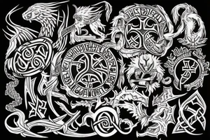 Erstelle ein noch nicht existierendes tattoo der nordischen Mythologie, darin sollen enthalten sein: Thors Hammer, gungnir, Aegishjalmur, wurd, vegvisir und yggdrasil tattoo idea