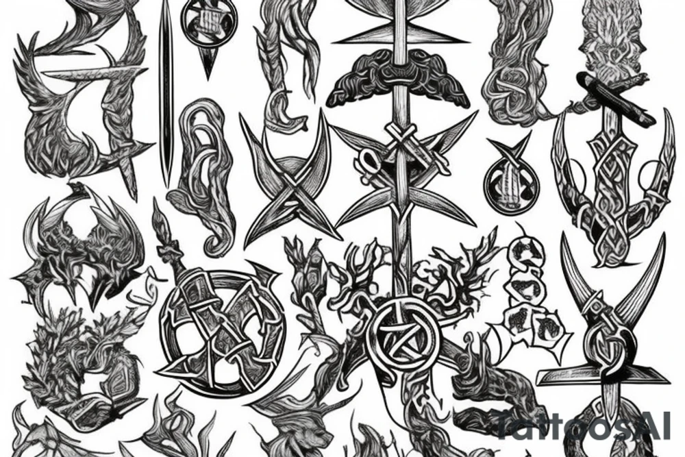 Erstelle ein noch nicht existierendes tattoo der nordischen Mythologie, darin sollen enthalten sein: Thors Hammer, gungnir, Aegishjalmur, wurd, vegvisir und yggdrasil tattoo idea