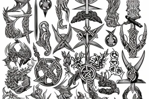 Erstelle ein noch nicht existierendes tattoo der nordischen Mythologie, darin sollen enthalten sein: Thors Hammer, gungnir, Aegishjalmur, wurd, vegvisir und yggdrasil tattoo idea