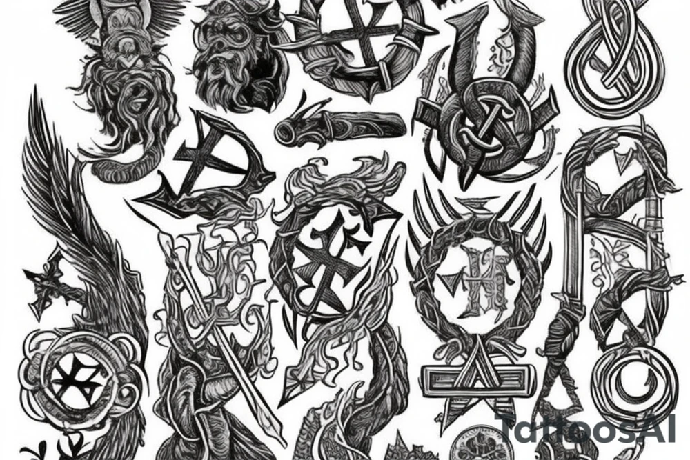 Erstelle ein noch nicht existierendes tattoo der nordischen Mythologie, darin sollen enthalten sein: Thors Hammer, gungnir, Aegishjalmur, wurd, vegvisir und yggdrasil tattoo idea