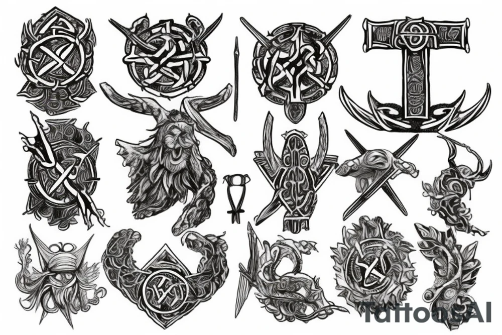 Erstelle ein noch nicht existierendes tattoo der nordischen Mythologie, darin sollen enthalten sein: Thors Hammer, gungnir, Aegishjalmur, wurd, vegvisir und yggdrasil tattoo idea