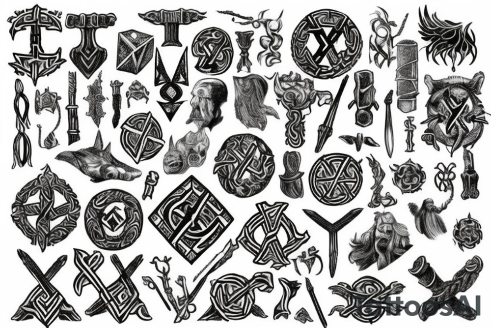 Erstelle ein noch nicht existierendes tattoo der nordischen Mythologie, darin sollen enthalten sein: Thors Hammer, gungnir, Aegishjalmur, wurd, vegvisir und yggdrasil tattoo idea