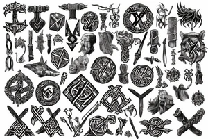 Erstelle ein noch nicht existierendes tattoo der nordischen Mythologie, darin sollen enthalten sein: Thors Hammer, gungnir, Aegishjalmur, wurd, vegvisir und yggdrasil tattoo idea