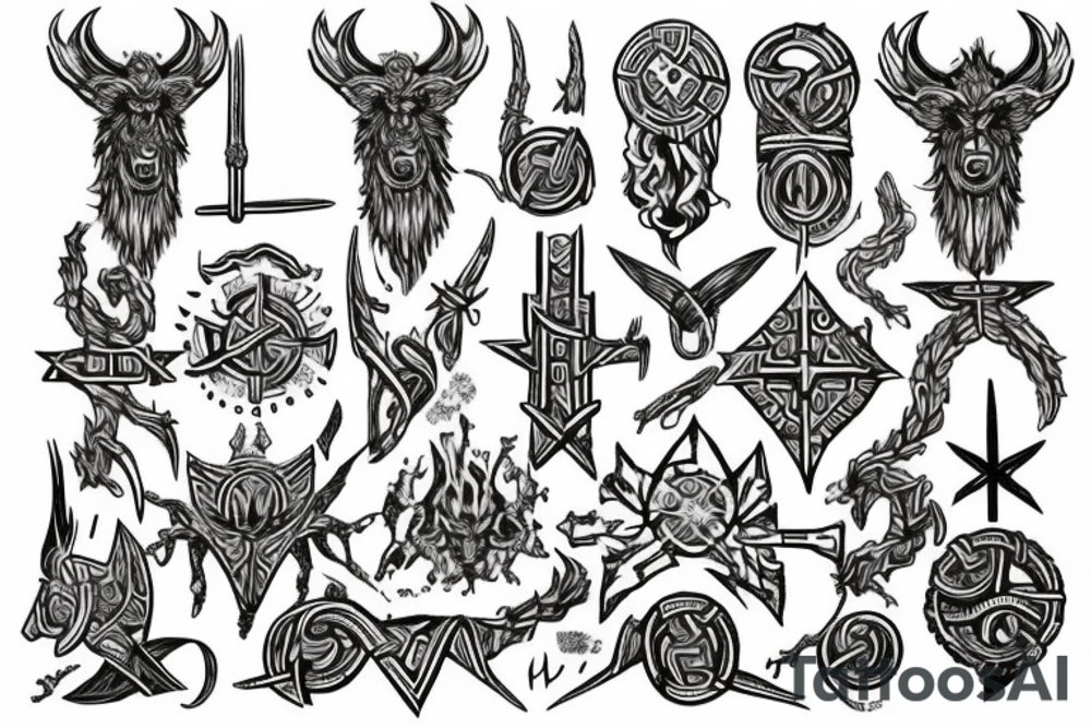 Erstelle ein noch nicht existierendes wadentattoo der nordischen Mythologie, darin sollen enthalten sein: Thors Hammer, gungnir, Aegishjalmur, wurd, vegvisir und yggdrasil tattoo idea