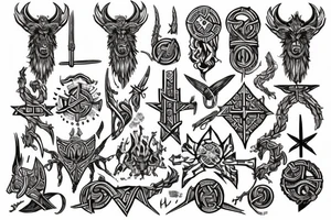 Erstelle ein noch nicht existierendes wadentattoo der nordischen Mythologie, darin sollen enthalten sein: Thors Hammer, gungnir, Aegishjalmur, wurd, vegvisir und yggdrasil tattoo idea