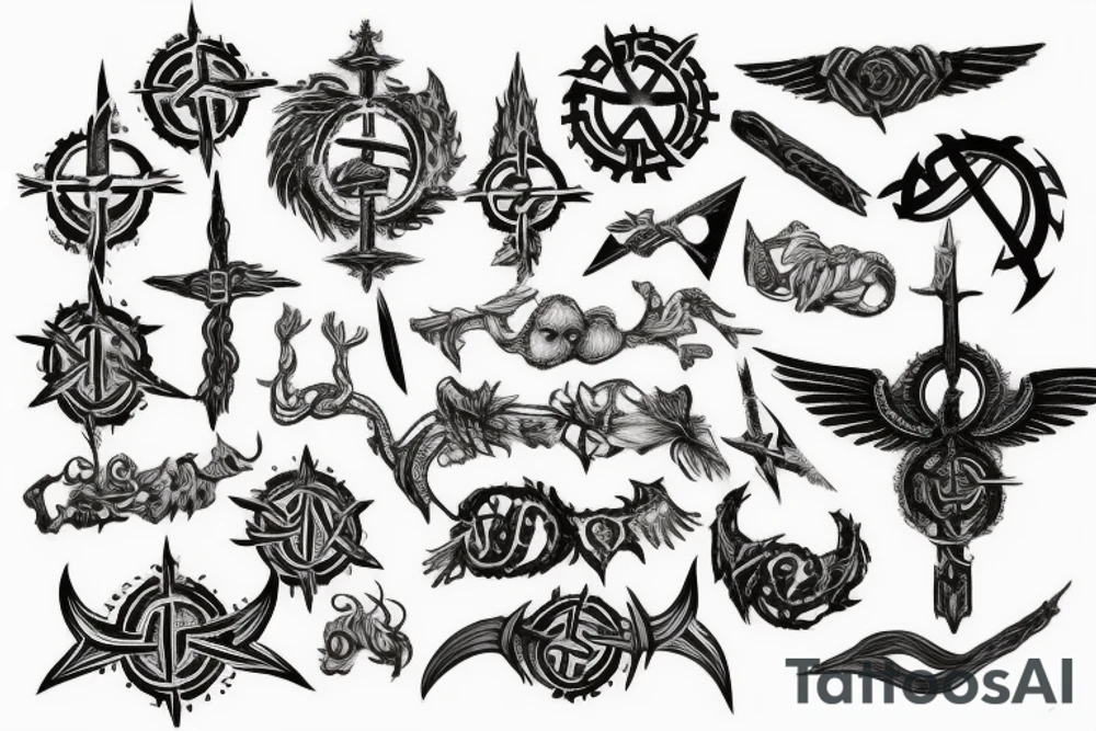 Erstelle ein noch nicht existierendes wadentattoo der nordischen Mythologie, darin sollen enthalten sein: nordische Runen, Thors Hammer, gungnir, Aegishjalmur, wurd, vegvisir und yggdrasil tattoo idea