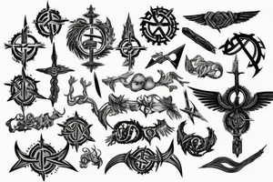 Erstelle ein noch nicht existierendes wadentattoo der nordischen Mythologie, darin sollen enthalten sein: nordische Runen, Thors Hammer, gungnir, Aegishjalmur, wurd, vegvisir und yggdrasil tattoo idea