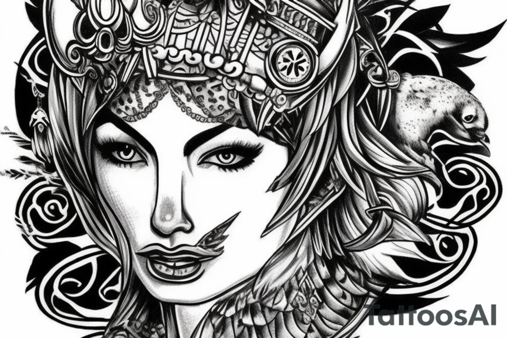 Fantasy Athena goddess tattoo with owl on head tattoo idea