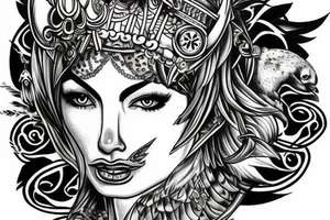 Fantasy Athena goddess tattoo with owl on head tattoo idea