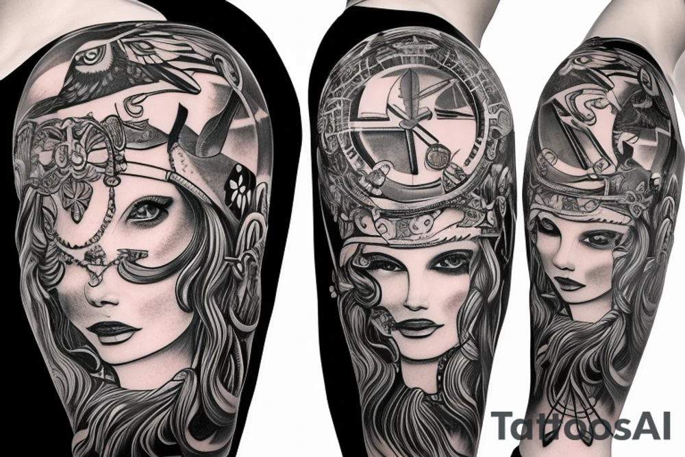Fantasy Athena goddess tattoo with owl on head tattoo idea